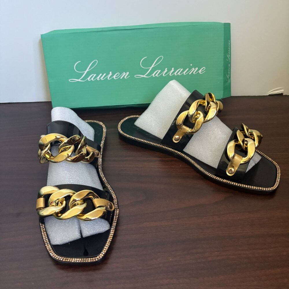 Lauren Lorraine Chan Black Chain Slide Sandals Flats Gold Resortwear Glam 5.5
